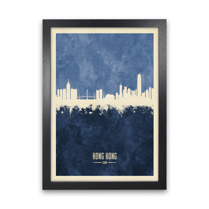 Hong Kong China Skyline Portrait Navy Art Print by Michael Tompsett Black Grain