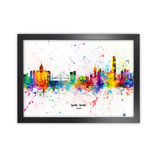 Hong Kong China Skyline Splash Art Print by Michael Tompsett Black Grain