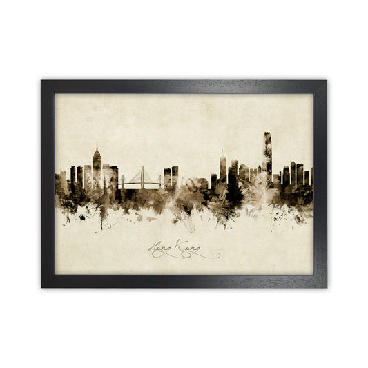Hong Kong China Skyline Vintage Art Print by Michael Tompsett Black Grain