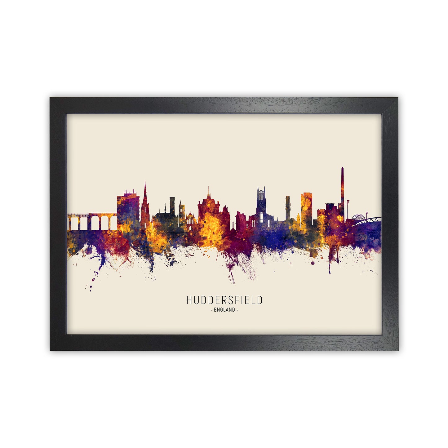 Huddersfield England Skyline Autumn City Name Art Print by Michael Tompsett Black Grain
