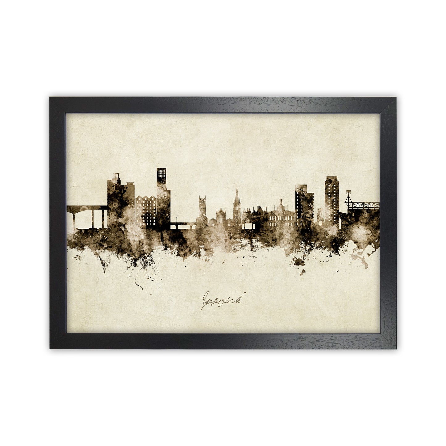 Ipswich England Skyline Vintage Art Print by Michael Tompsett Black Grain