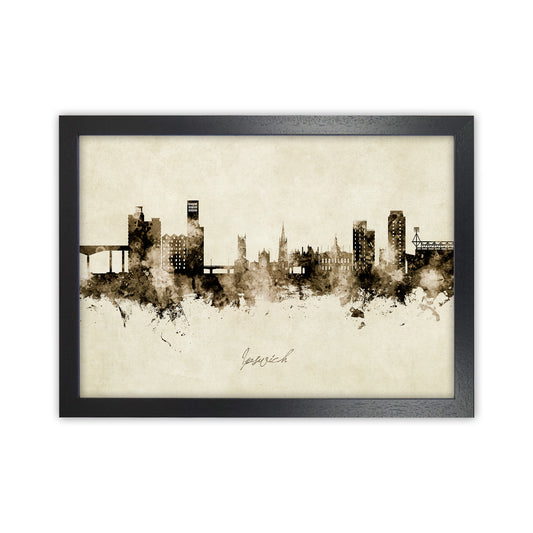 Ipswich England Skyline Vintage Art Print by Michael Tompsett Black Grain