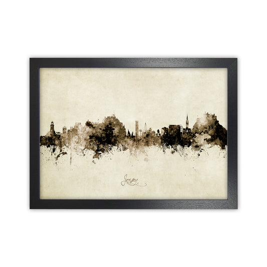 Jersey Channel Islands Skyline Vintage Art Print by Michael Tompsett Black Grain
