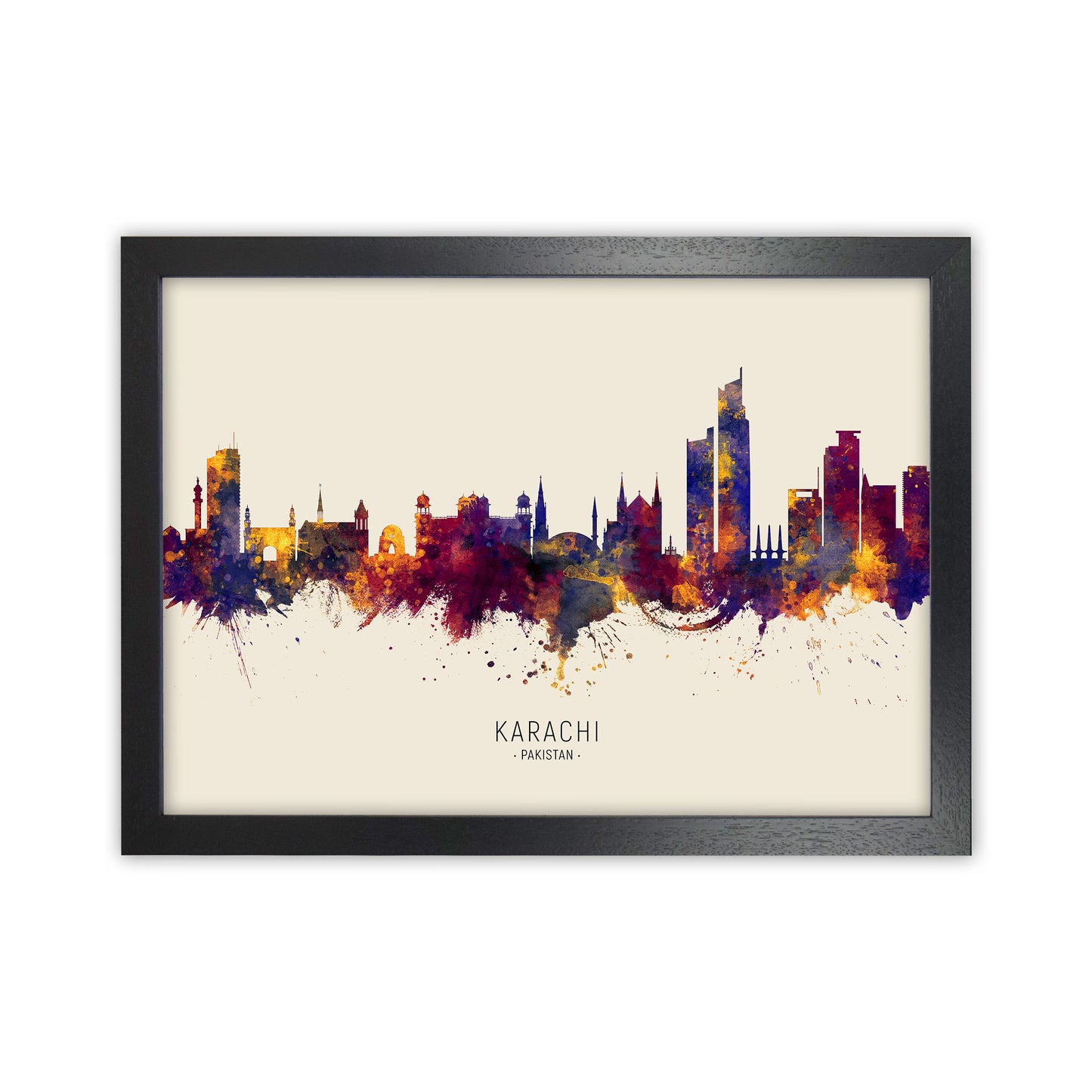 Karachi Pakistan Skyline Autumn City Name Art Print by Michael Tompsett Black Grain