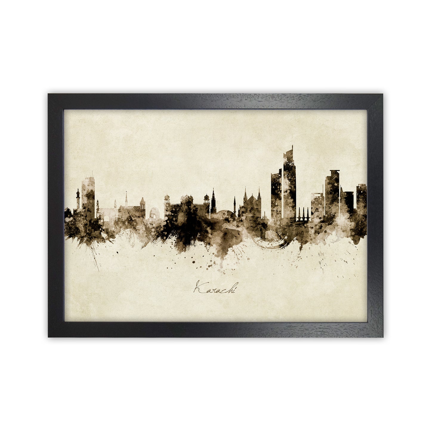 Karachi Pakistan Skyline Vintage Art Print by Michael Tompsett Black Grain