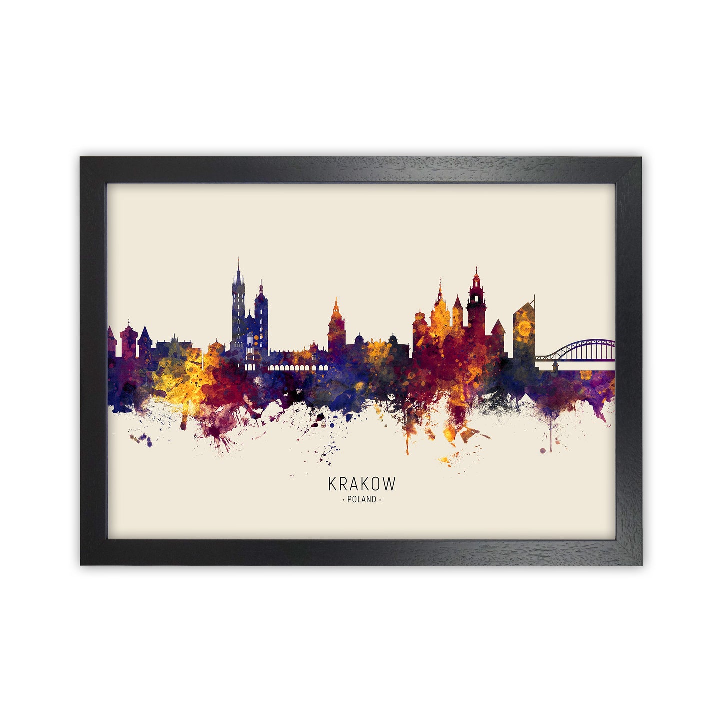 Krakow Poland Skyline Autumn City Name Art Print by Michael Tompsett Black Grain