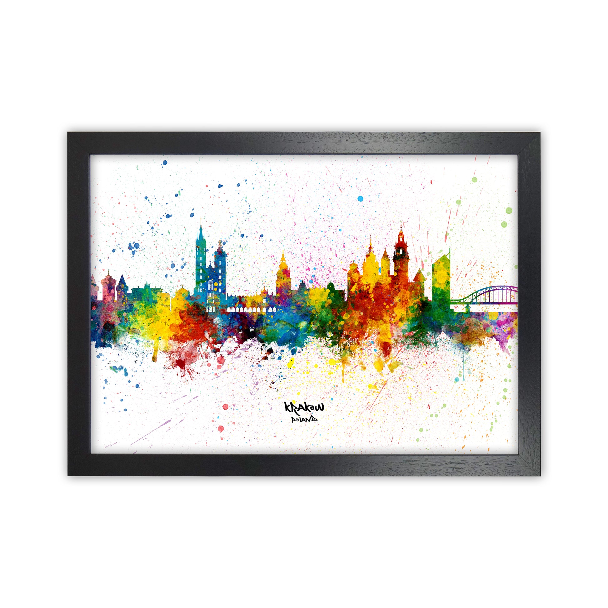 Krakow Poland Skyline Splash Art Print by Michael Tompsett Black Grain