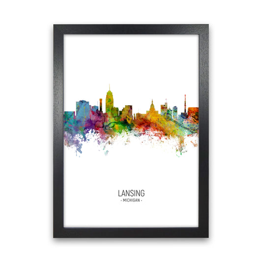 Lansing Michigan Skyline Portrait Art Print by Michael Tompsett Black Grain
