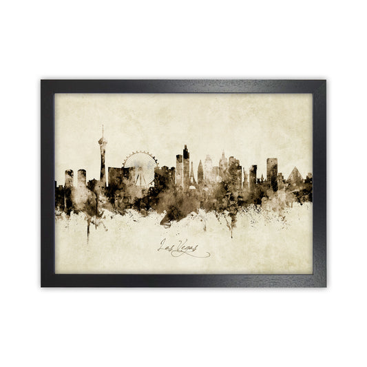 Las Vegas Nevada Skyline Vintage Art Print by Michael Tompsett Black Grain
