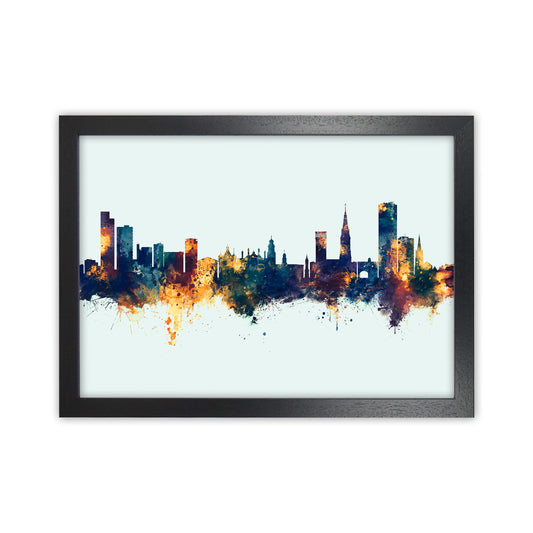 Leicester England Skyline Blue Orange Art Print by Michael Tompsett Black Grain