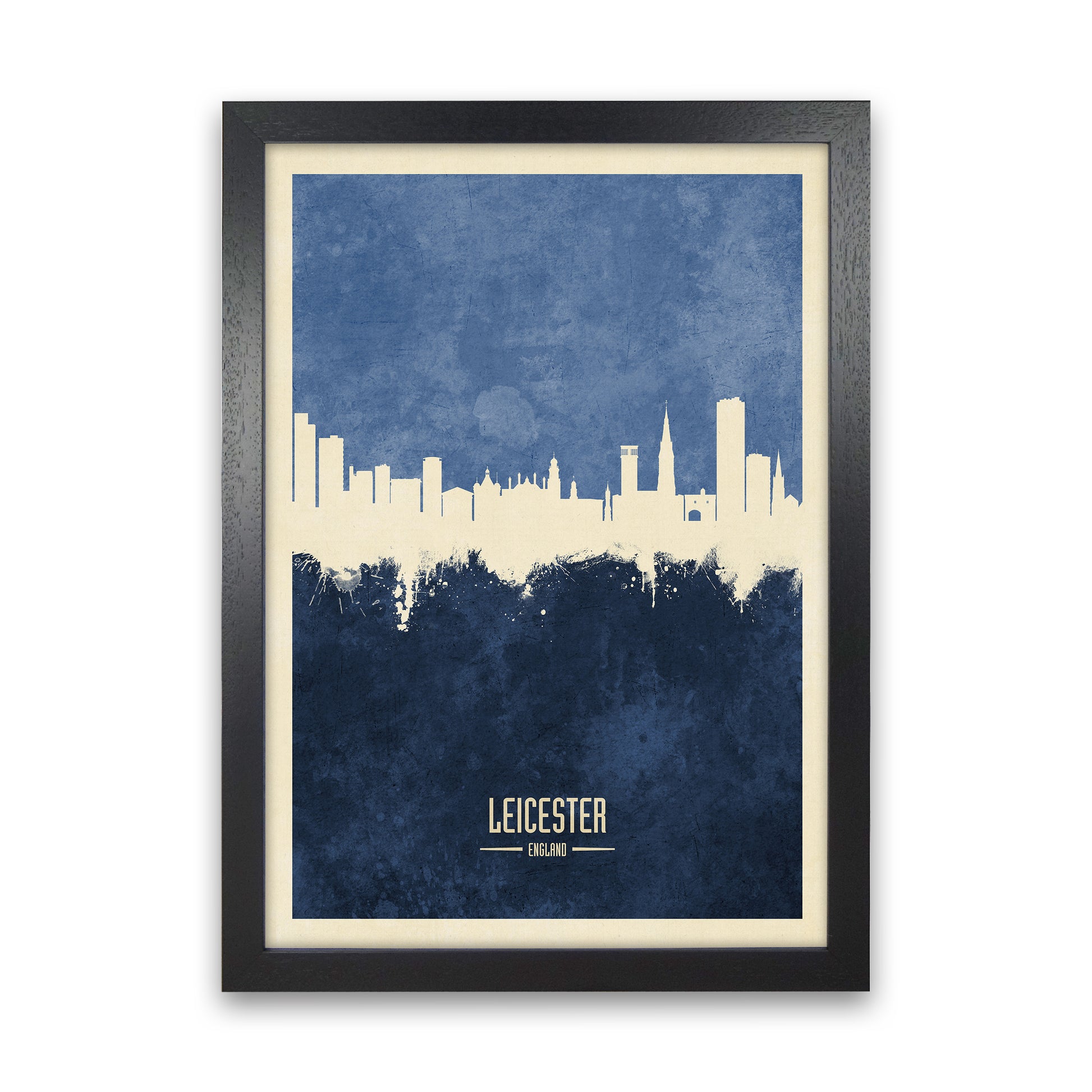 Leicester England Skyline Portrait Navy Art Print by Michael Tompsett Black Grain