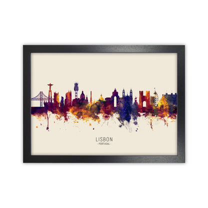 Lisbon Portugal Skyline Autumn City Name Art Print by Michael Tompsett Black Grain