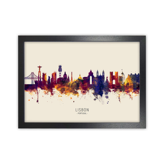 Lisbon Portugal Skyline Autumn City Name Art Print by Michael Tompsett Black Grain