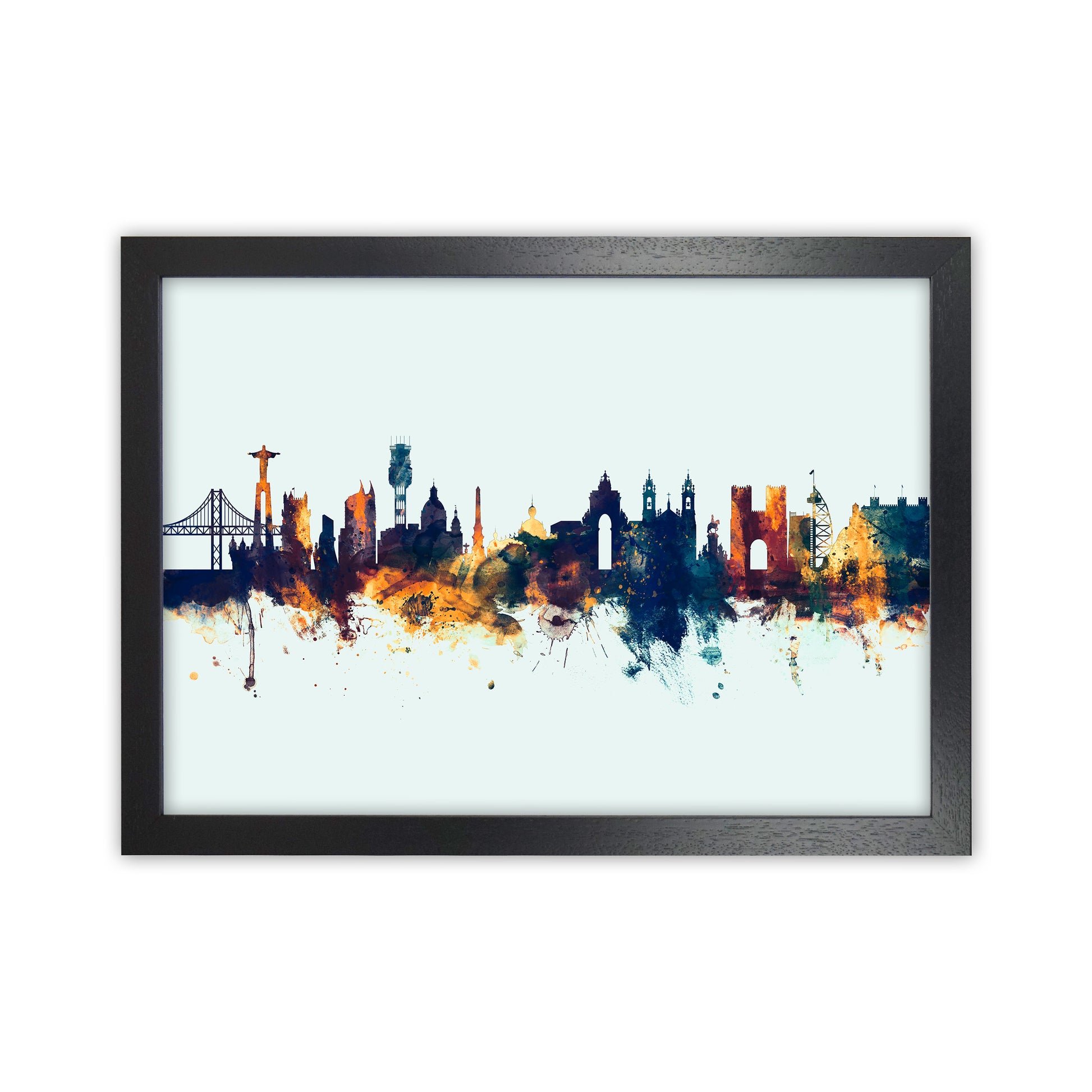 Lisbon Portugal Skyline Blue Orange Art Print by Michael Tompsett Black Grain