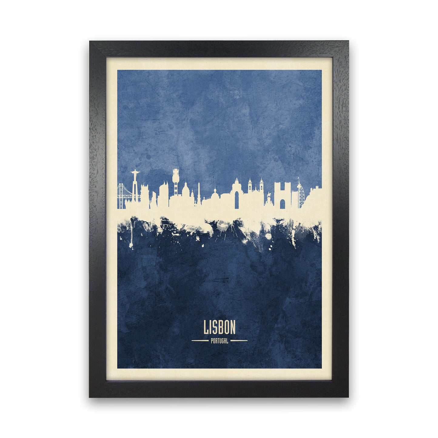 Lisbon Portugal Skyline Portrait Navy Art Print by Michael Tompsett Black Grain
