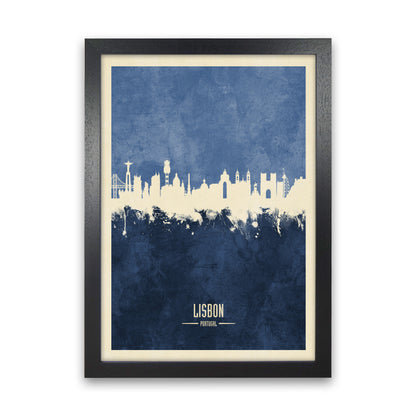 Lisbon Portugal Skyline Portrait Navy Art Print by Michael Tompsett Black Grain
