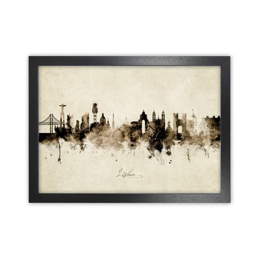 Lisbon Portugal Skyline Vintage Art Print by Michael Tompsett Black Grain