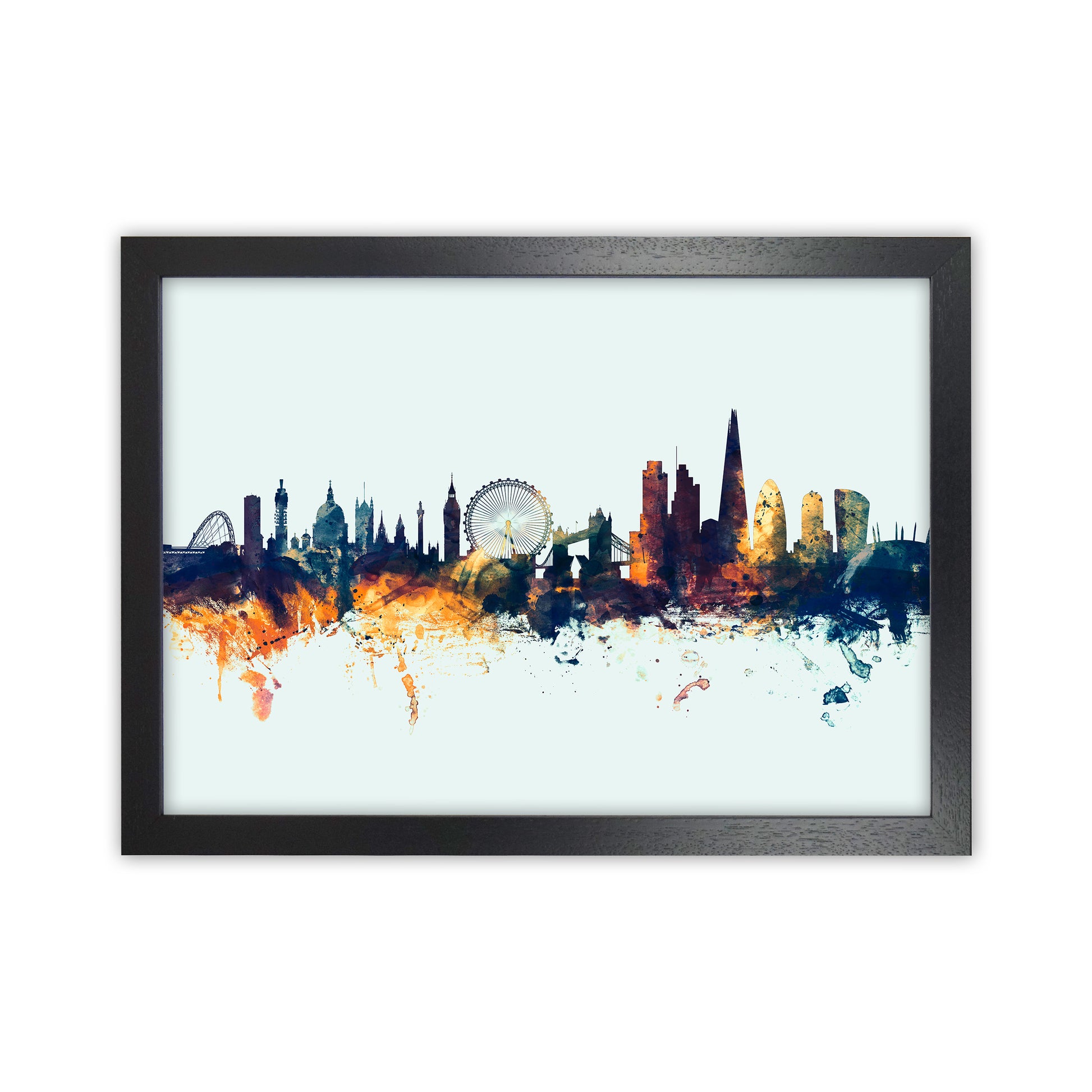 London England Skyline Blue Orange Art Print by Michael Tompsett Black Grain