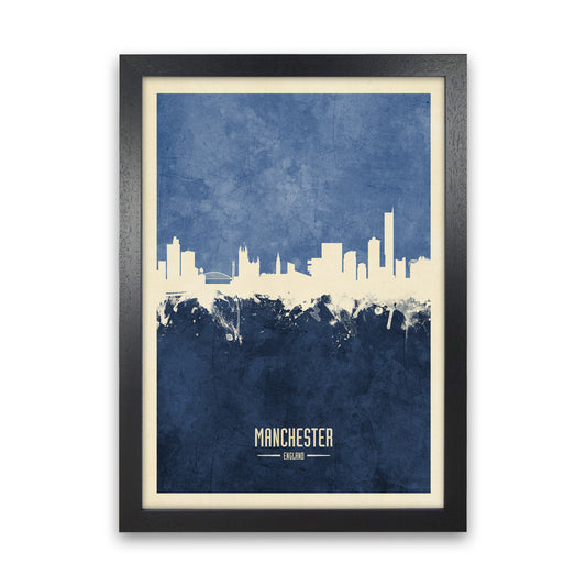 Manchester England Skyline Portrait Navy Art Print by Michael Tompsett Black Grain