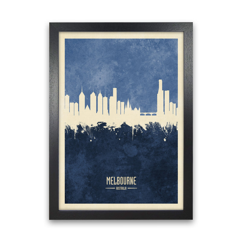 Melbourne Australia Skyline Portrait Navy Art Print by Michael Tompsett Black Grain