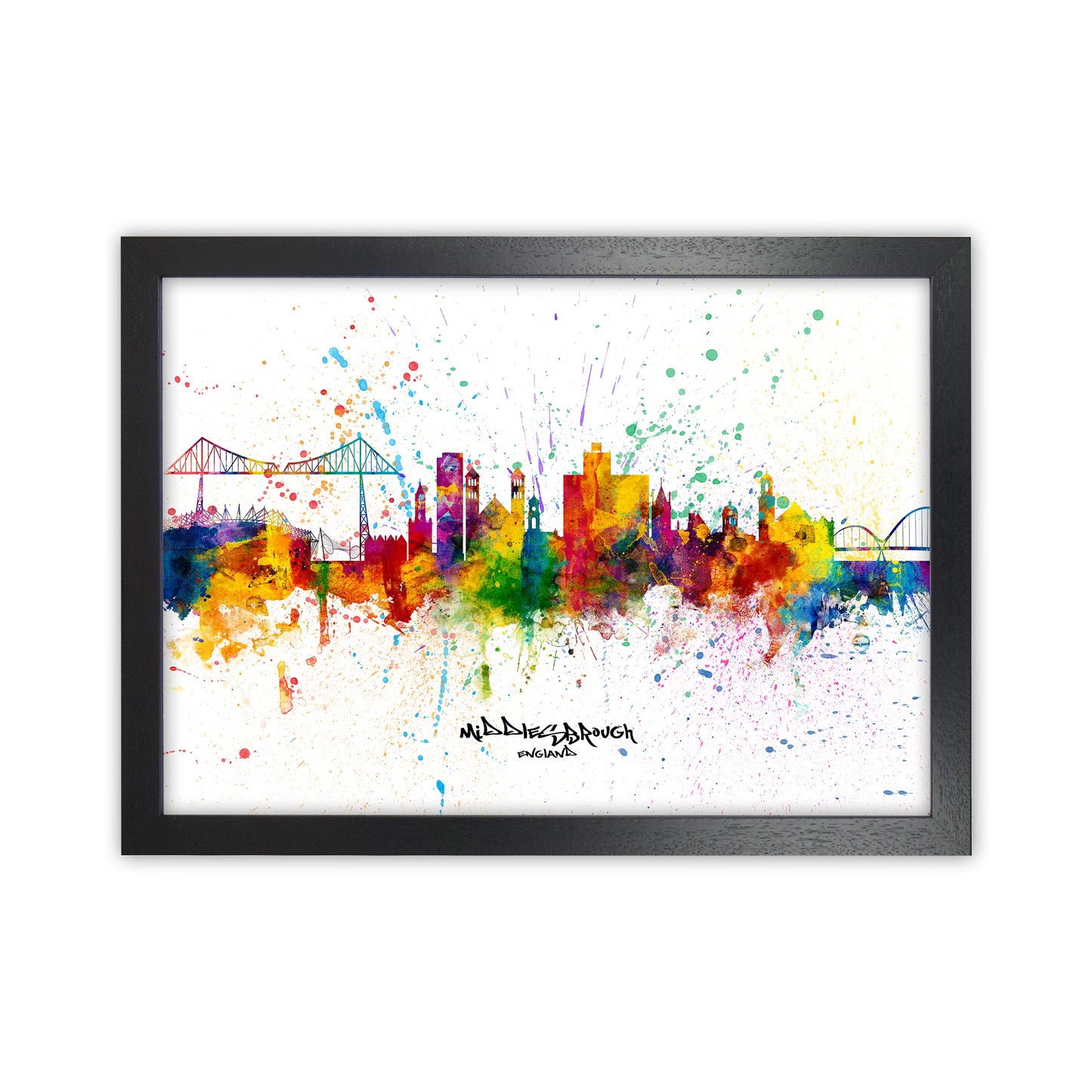 Middlesbrough England Skyline Splash Art Print by Michael Tompsett Black Grain