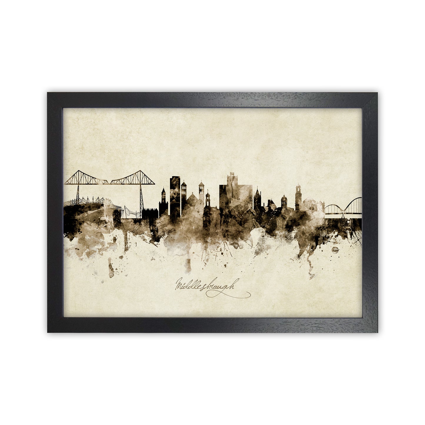 Middlesbrough England Skyline Vintage Art Print by Michael Tompsett Black Grain
