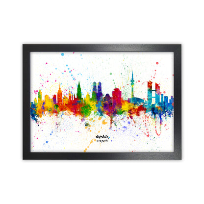 Munich Germany Skyline Splash Art Print by Michael Tompsett Black Grain