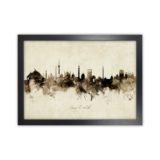 New Delhi India Skyline Vintage Art Print by Michael Tompsett Black Grain