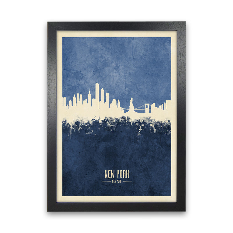 New York New York Skyline Portrait Navy Art Print by Michael Tompsett Black Grain