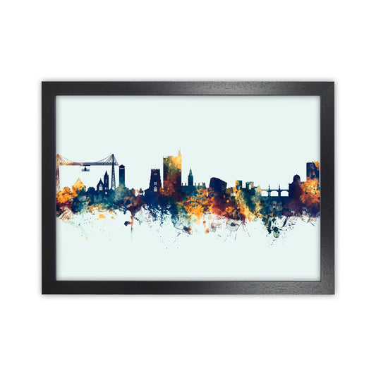 Newport Wales Skyline Blue Orange Art Print by Michael Tompsett Black Grain