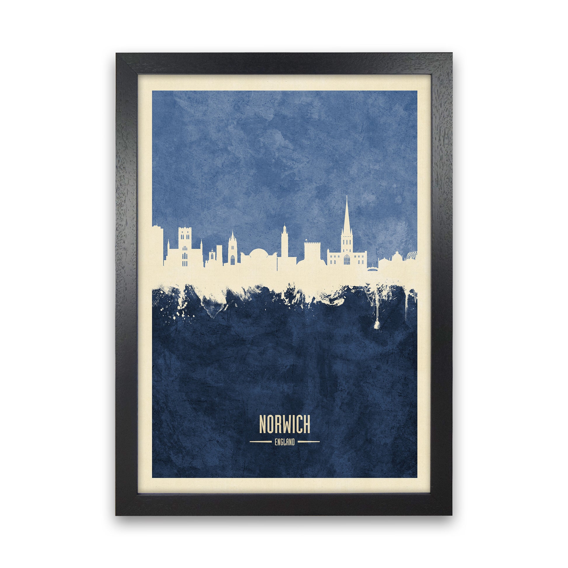 Norwich England Skyline Portrait Navy Art Print by Michael Tompsett Black Grain
