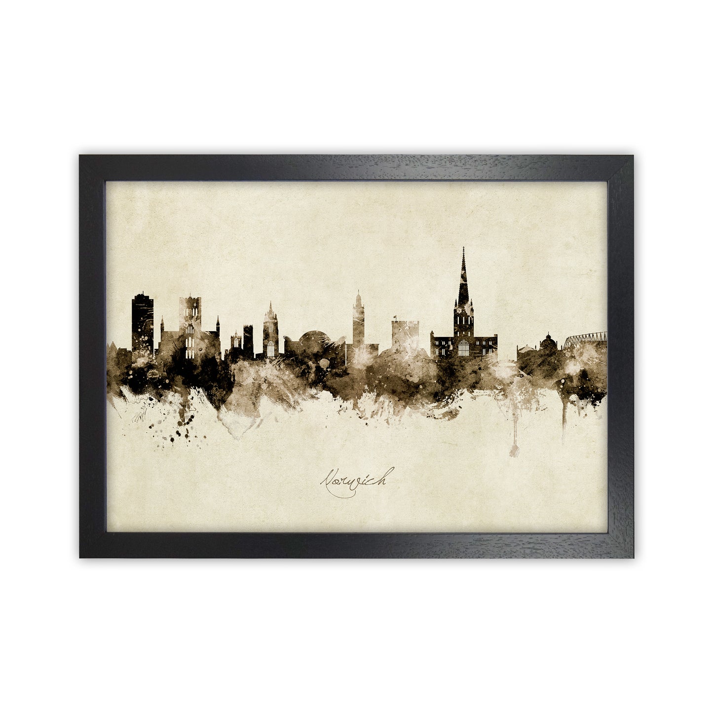 Norwich England Skyline Vintage Art Print by Michael Tompsett Black Grain