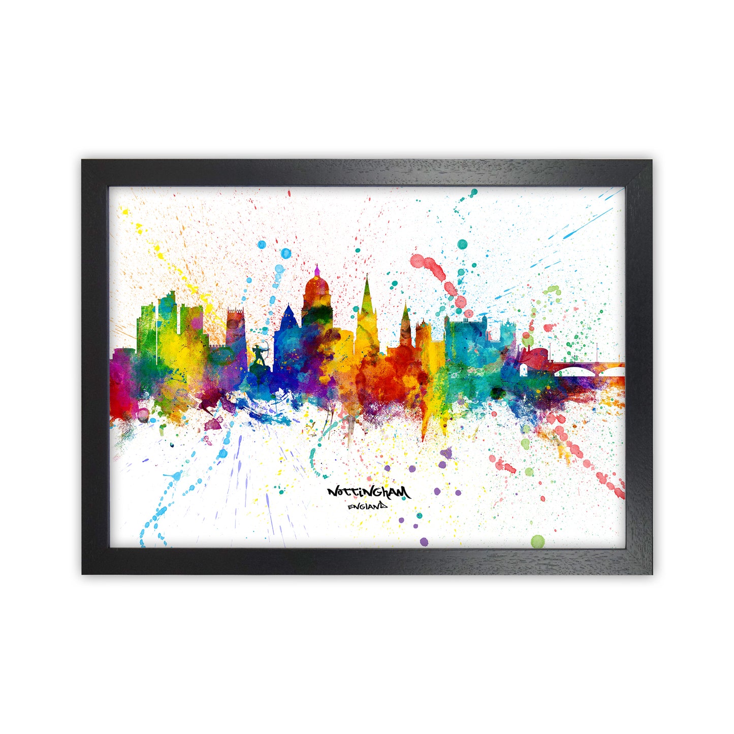 Nottingham England Skyline Splash Art Print by Michael Tompsett Black Grain
