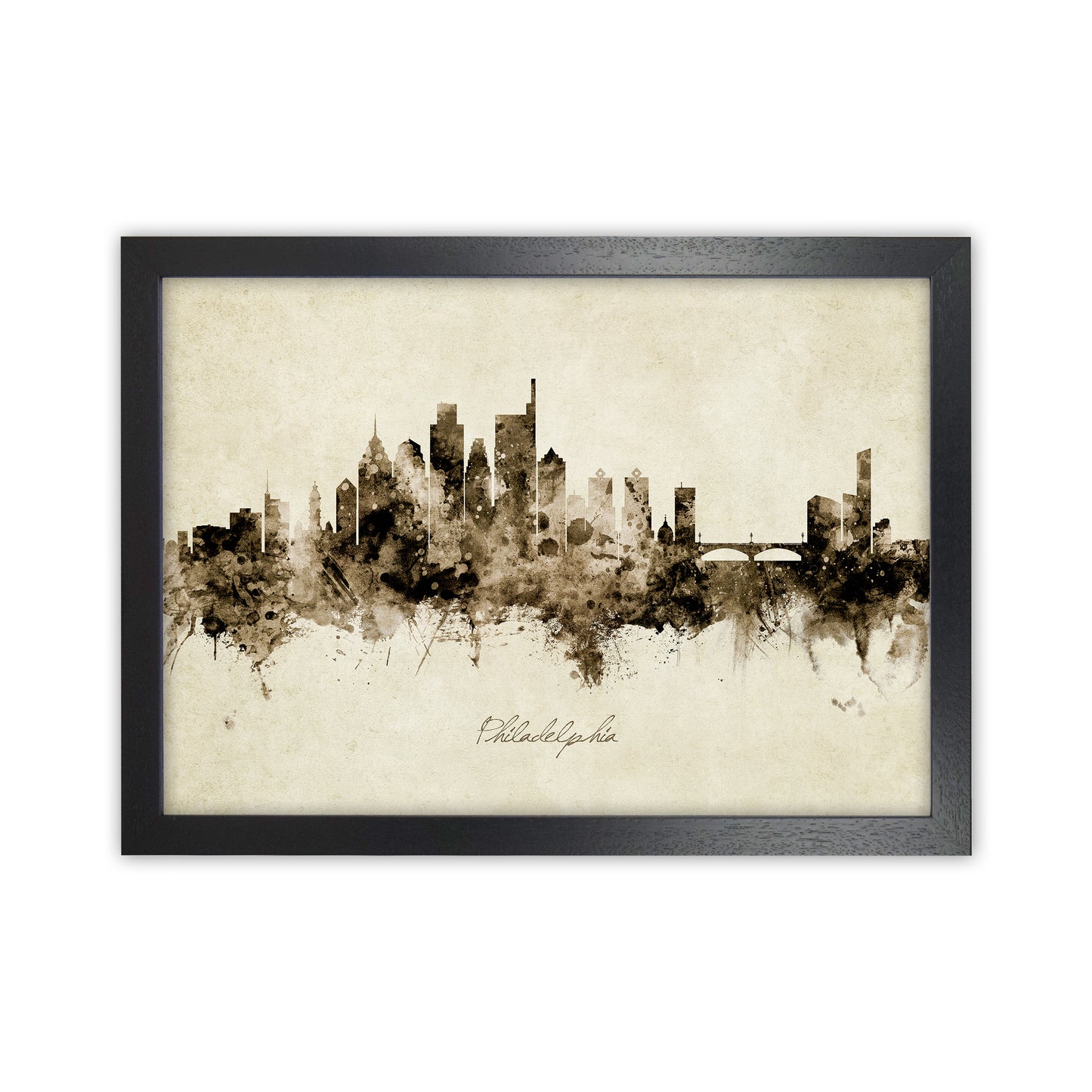 Philadelphia Pennsylvania Skyline Vintage Art Print by Michael Tompsett Black Grain