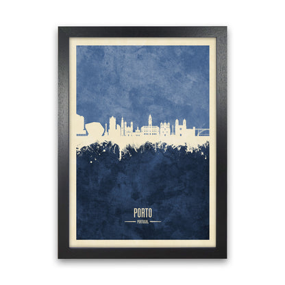Porto Portugal Skyline Portrait Navy Art Print by Michael Tompsett Black Grain