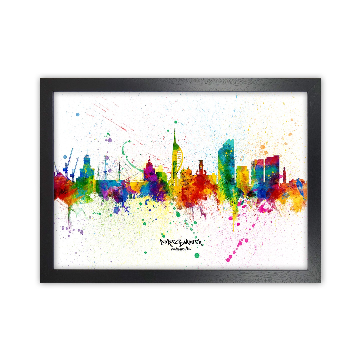 Portsmouth England Skyline Splash Art Print by Michael Tompsett Black Grain