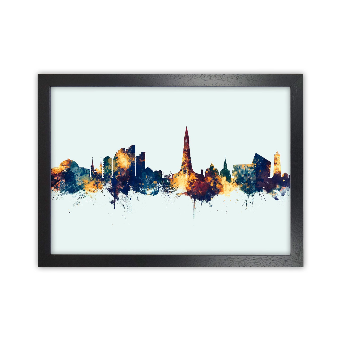 Reykjavik Iceland Skyline Blue Orange Art Print by Michael Tompsett Black Grain