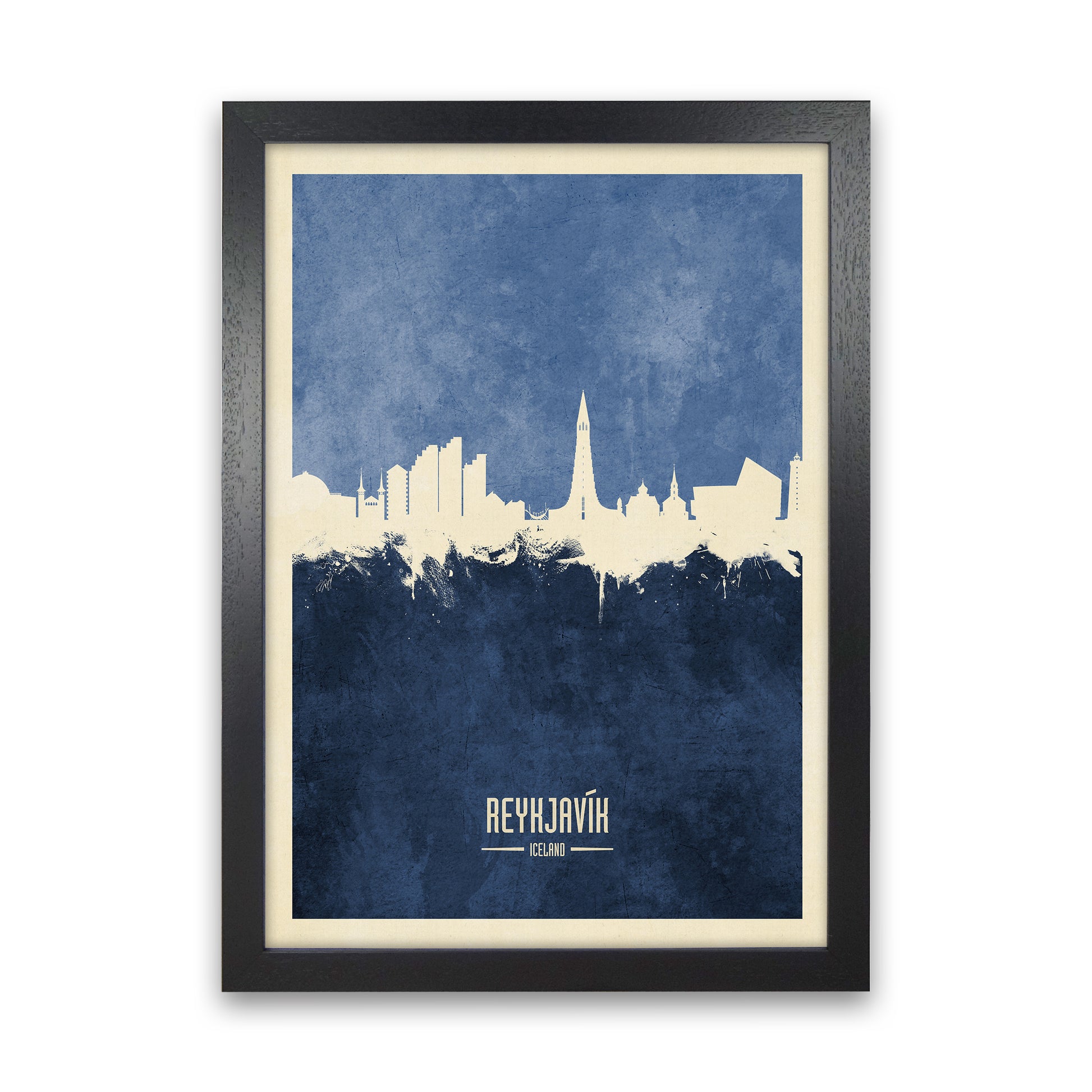 Reykjavik Iceland Skyline Portrait Navy Art Print by Michael Tompsett Black Grain