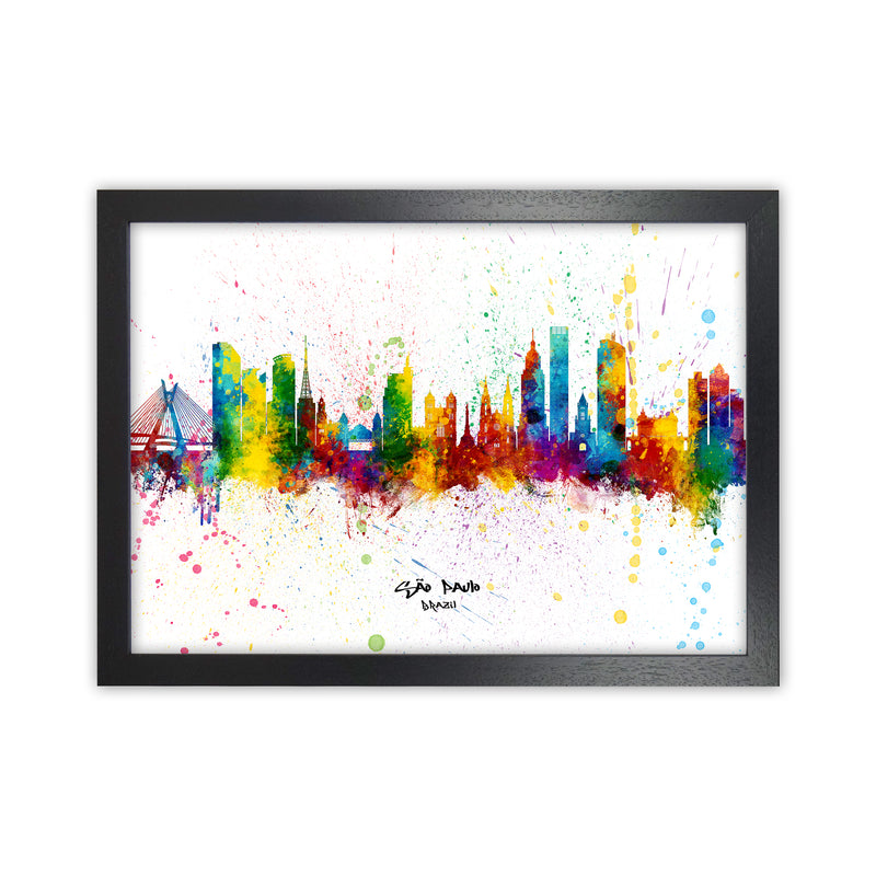 Sao Paulo Brazil Skyline Splash Art Print by Michael Tompsett Black Grain