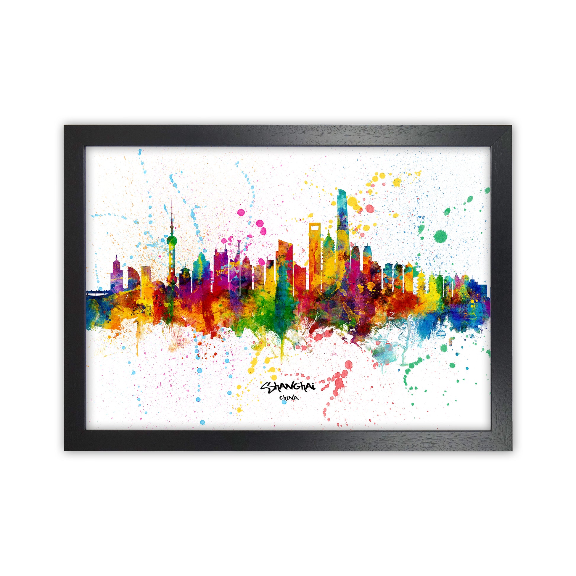 Shanghai China Skyline Splash Art Print by Michael Tompsett Black Grain