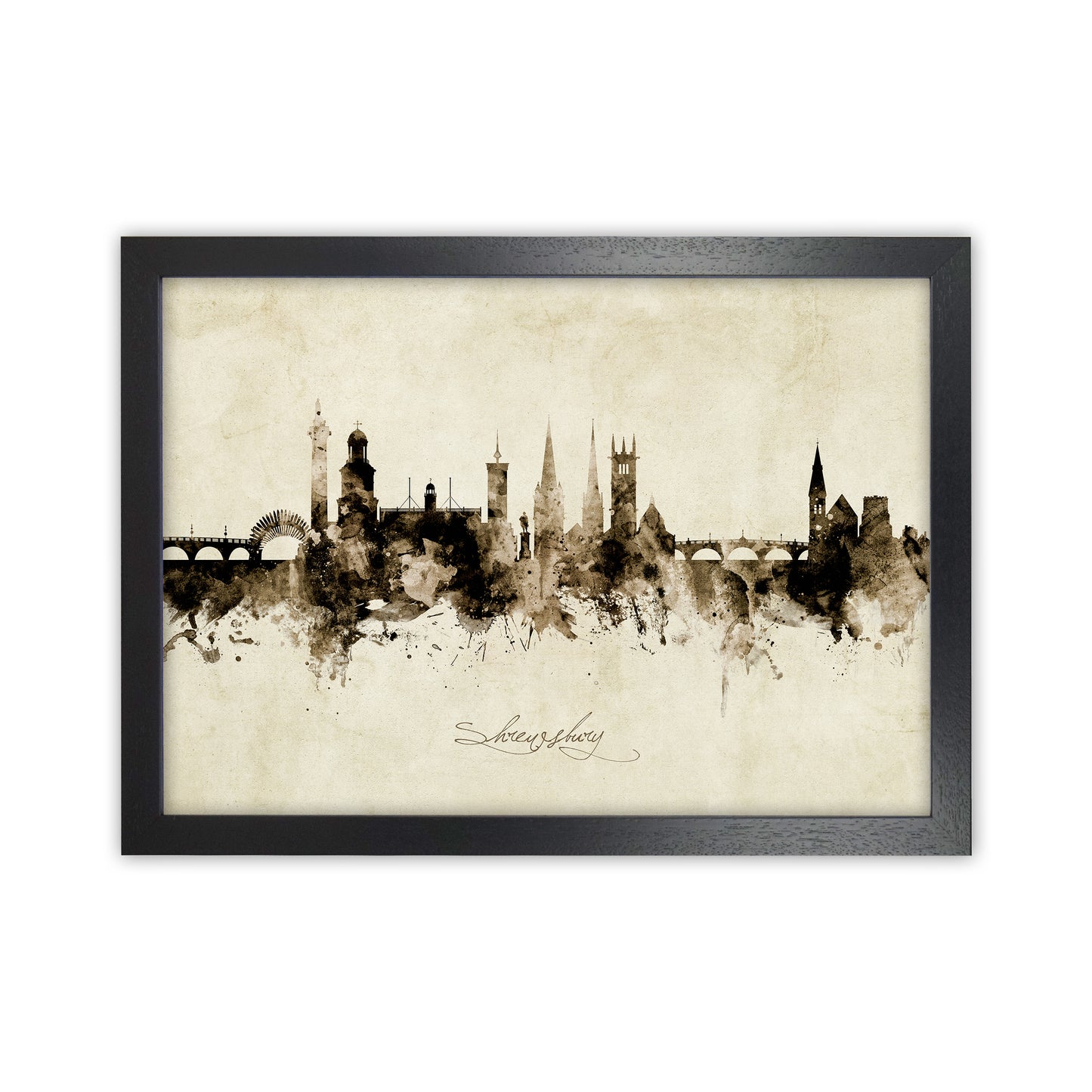 Shrewsbury England Skyline Vintage Art Print by Michael Tompsett Black Grain