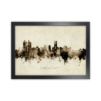 Stoke-On-Trent England Skyline Vintage Art Print by Michael Tompsett Black Grain