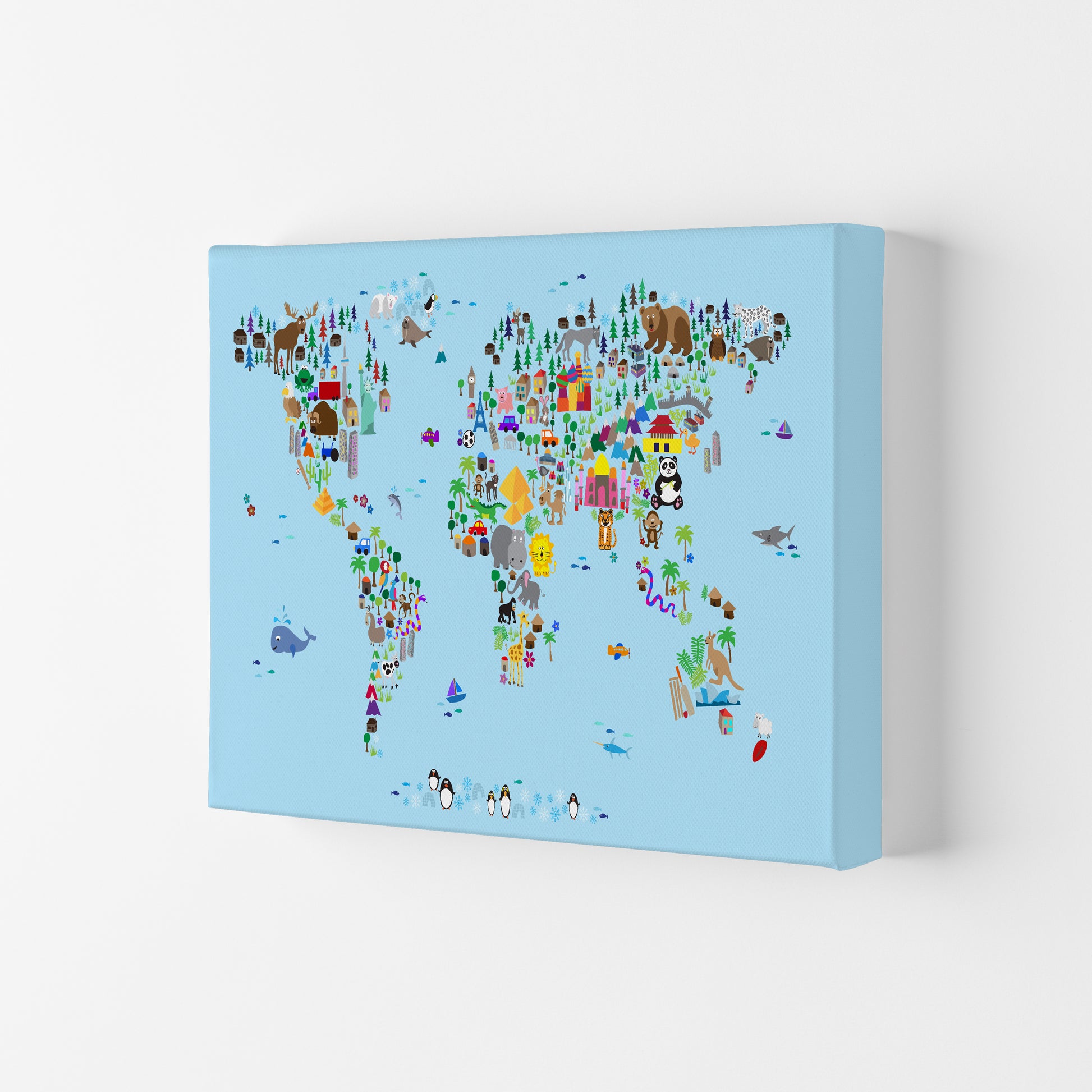 Animal Map of the World Blue Art Print by Michael Tompsett Canvas