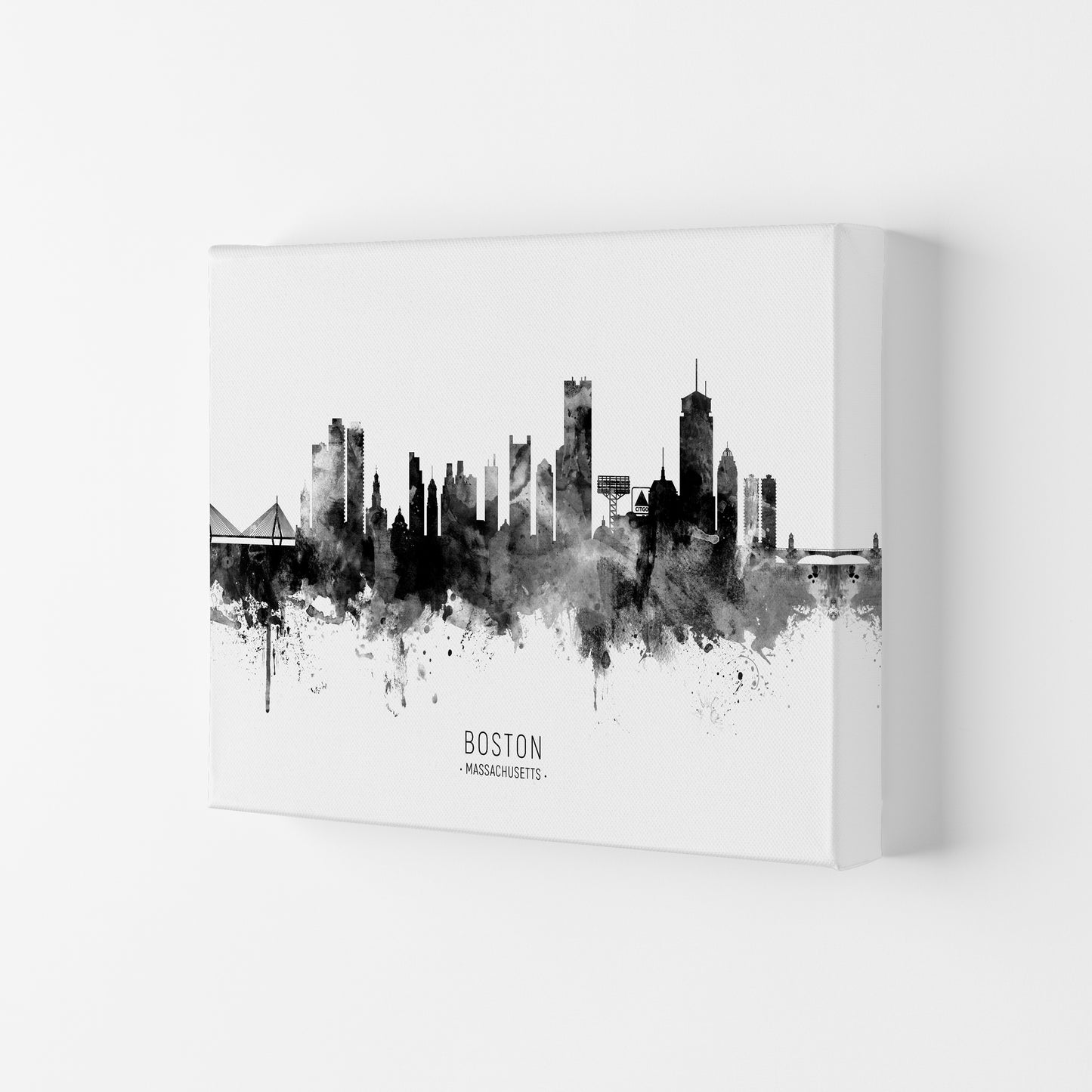 Boston Massachusetts Skyline Black White City Name  by Michael Tompsett Canvas