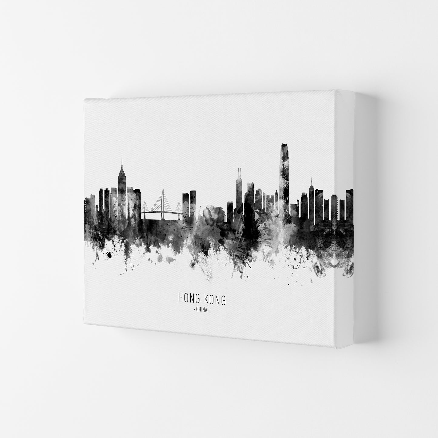 Hong Kong China Skyline Black White City Name  by Michael Tompsett Canvas