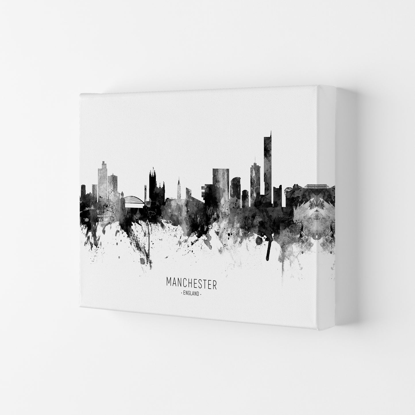 Manchester England Skyline Black White City Name  by Michael Tompsett Canvas