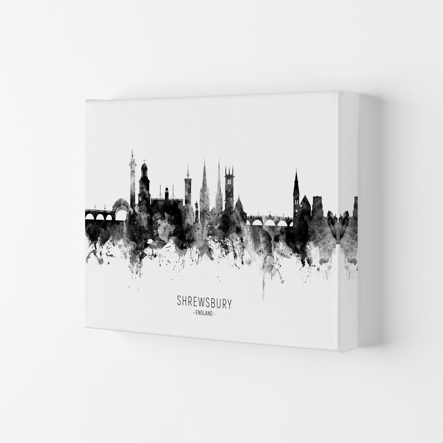 Shrewsbury England Skyline Black White City Name  by Michael Tompsett Canvas