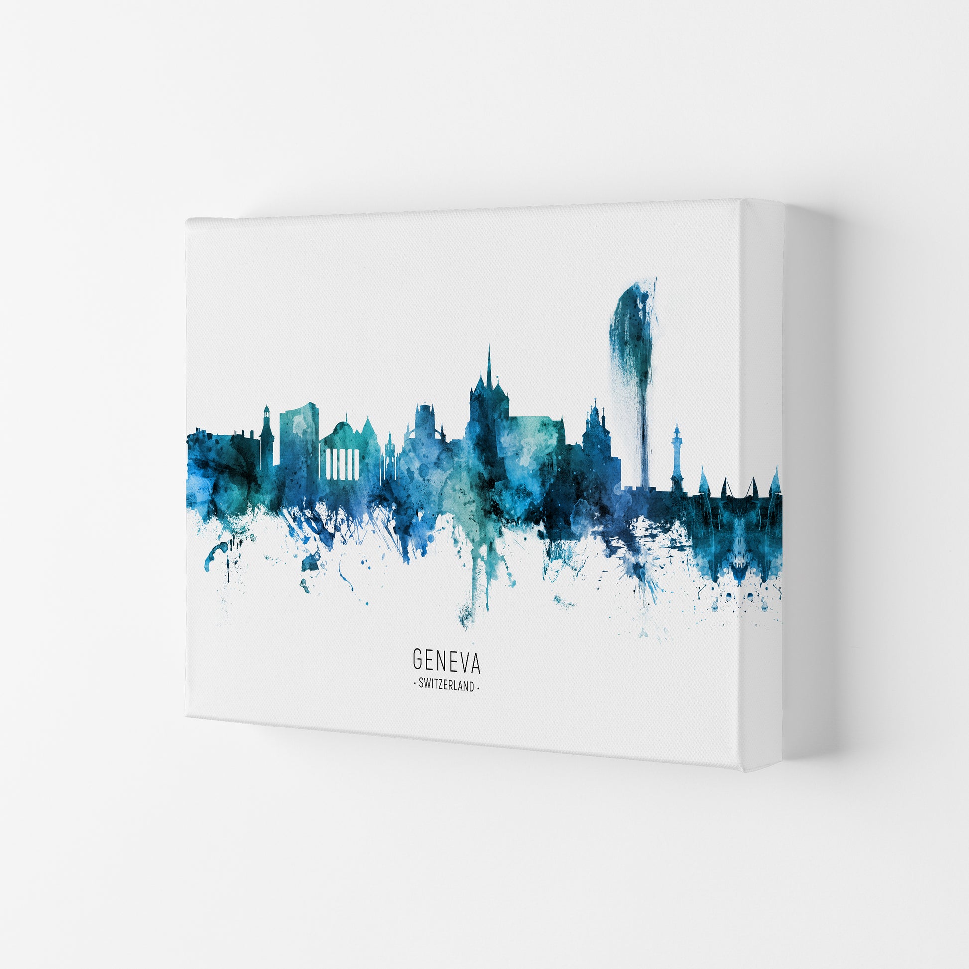Geneva Switzerland Skyline Blue City Name  by Michael Tompsett Canvas