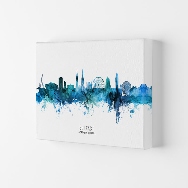 Belfast Northern Ireland Skyline Blue City Name  by Michael Tompsett Canvas
