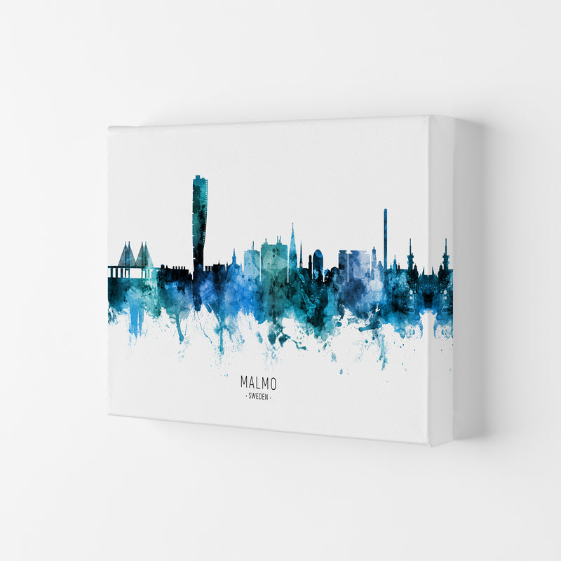Malmo Sweden Skyline Blue City Name Print by Michael Tompsett Canvas